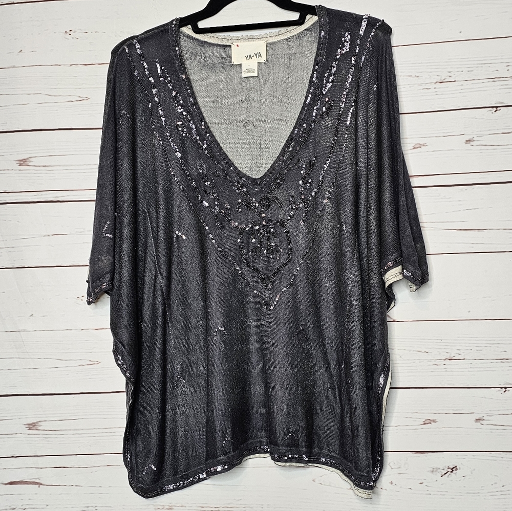YA-YA Women's Black Sequined V-Neck Sweater